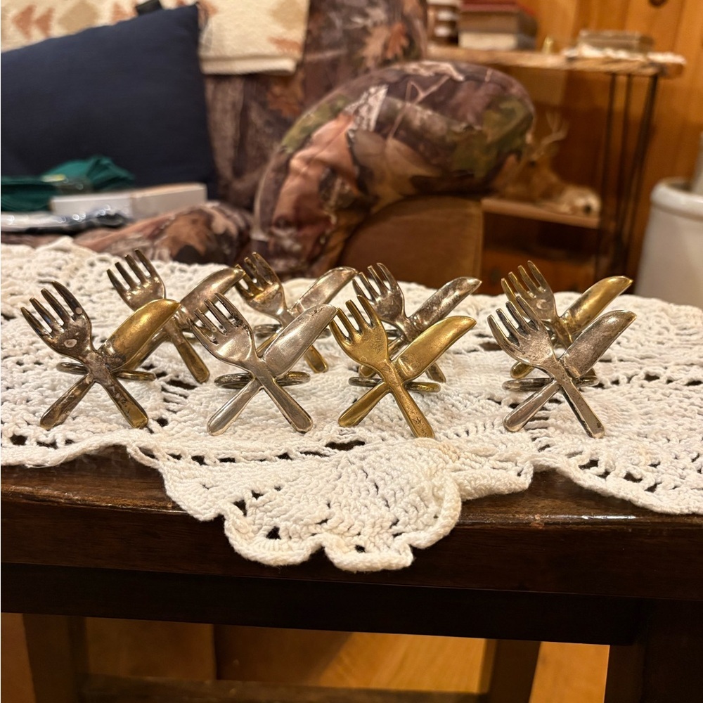 Vintage brass or silver-plated fork and knife design napkin rings set of 8